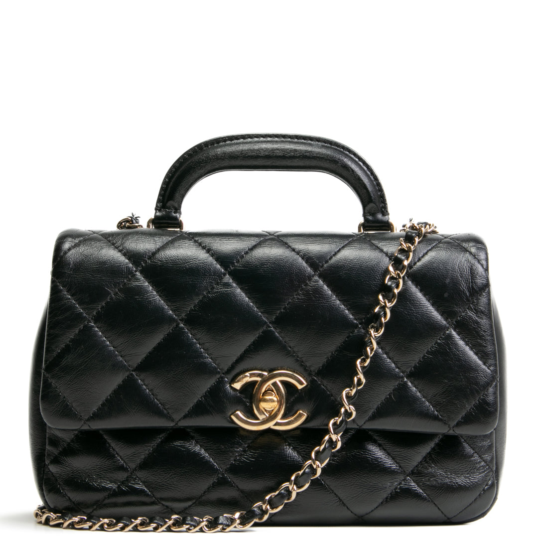 CHANEL Quilted Crinkled Leather Coco Top Handle Flap Bag Black