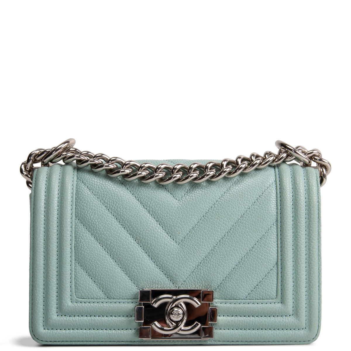 CHANEL Chevron Caviar Boy Bag Small - Aqua Blue OUTLET FINAL SALE