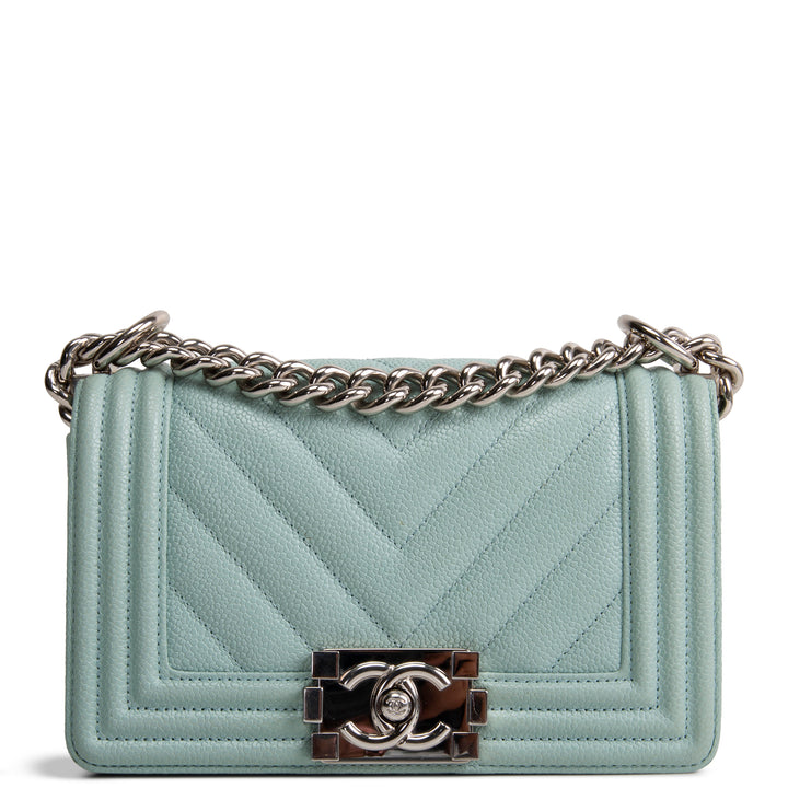 CHANEL Chevron Caviar Boy Bag Small - Aqua Blue OUTLET FINAL SALE