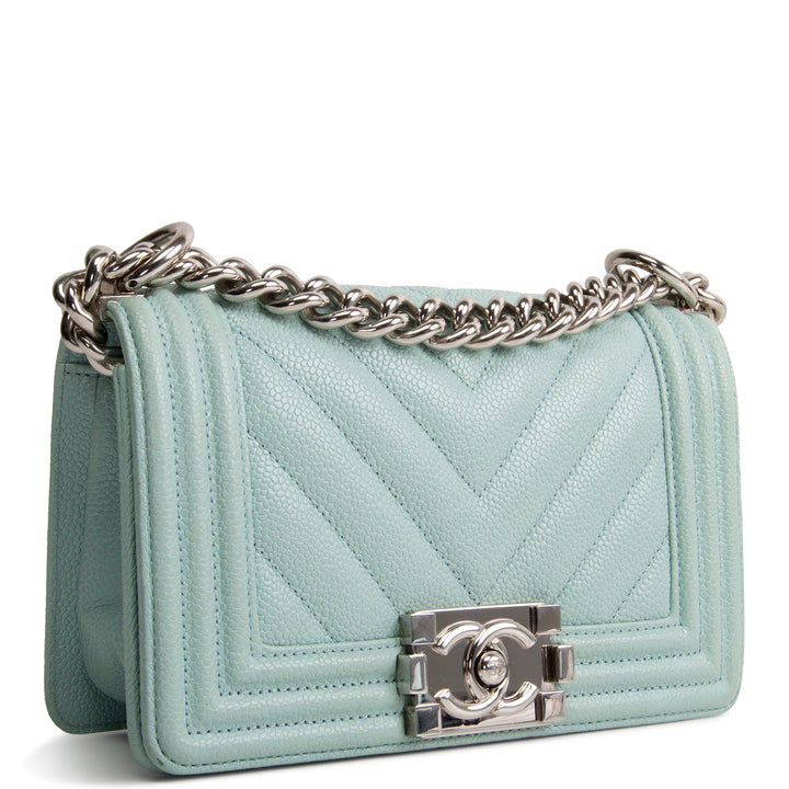 CHANEL Chevron Caviar Boy Bag Small - Aqua Blue OUTLET FINAL SALE