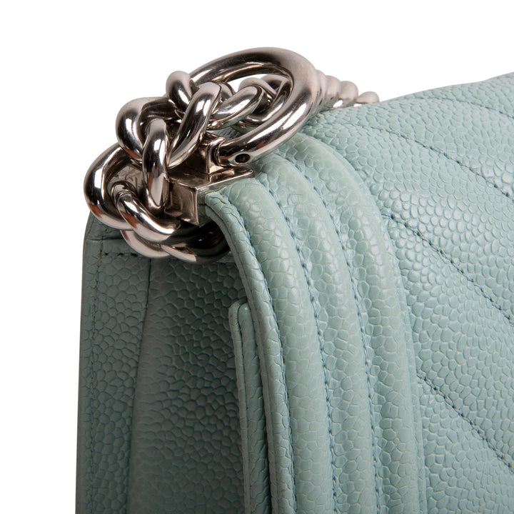 CHANEL Chevron Caviar Boy Bag Small - Aqua Blue OUTLET FINAL SALE