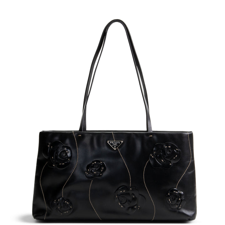 PRADA Leather Flower Applique Tote - Black