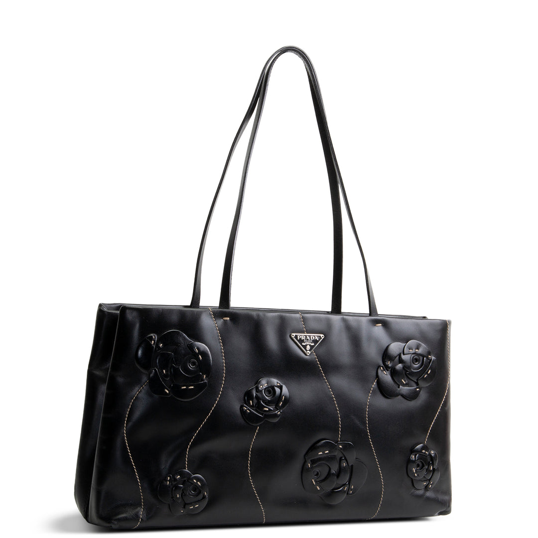 PRADA Leather Flower Applique Tote - Black