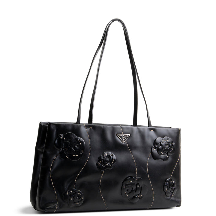 PRADA Leather Flower Applique Tote - Black