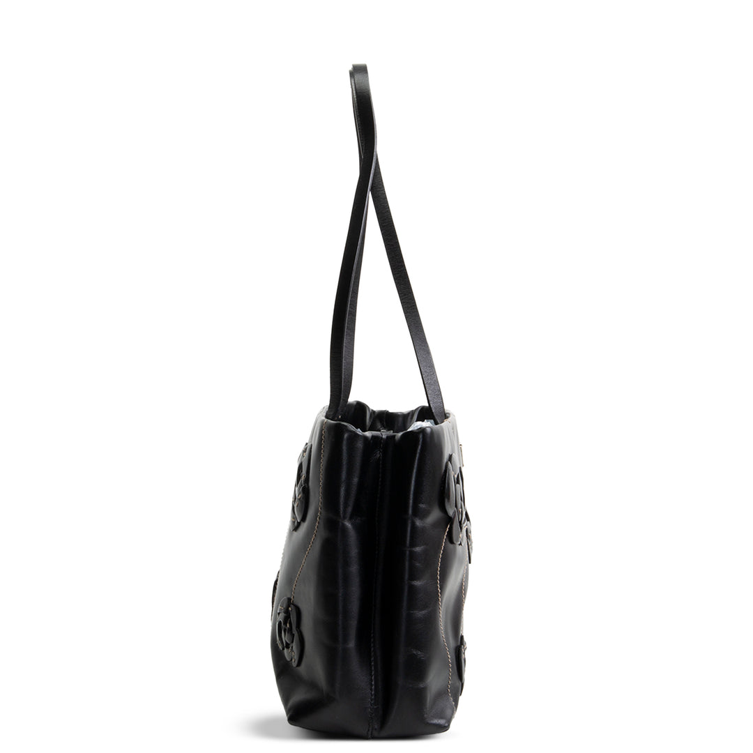 PRADA Leather Flower Applique Tote - Black
