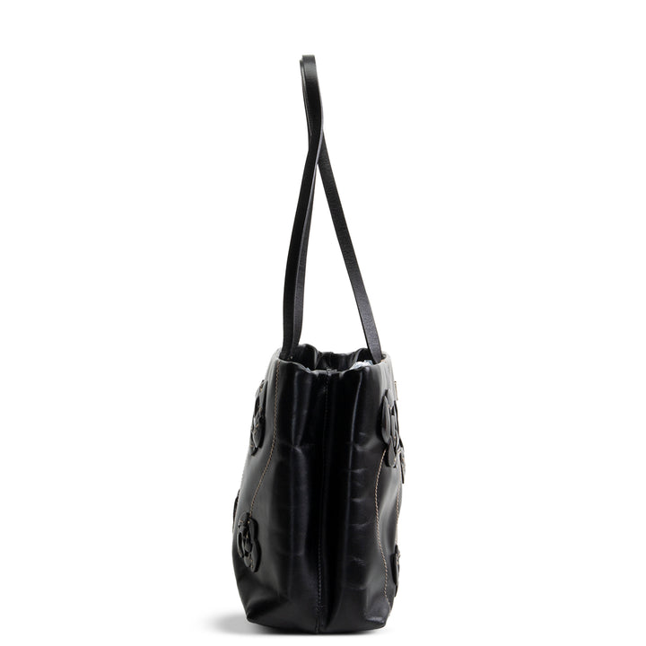 PRADA Leather Flower Applique Tote - Black