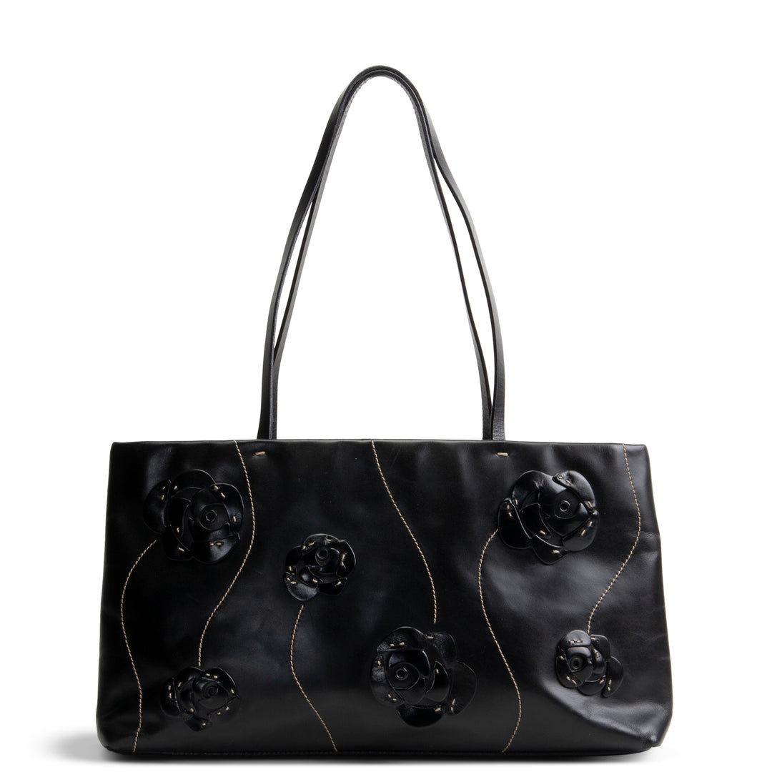 PRADA Leather Flower Applique Tote - Black