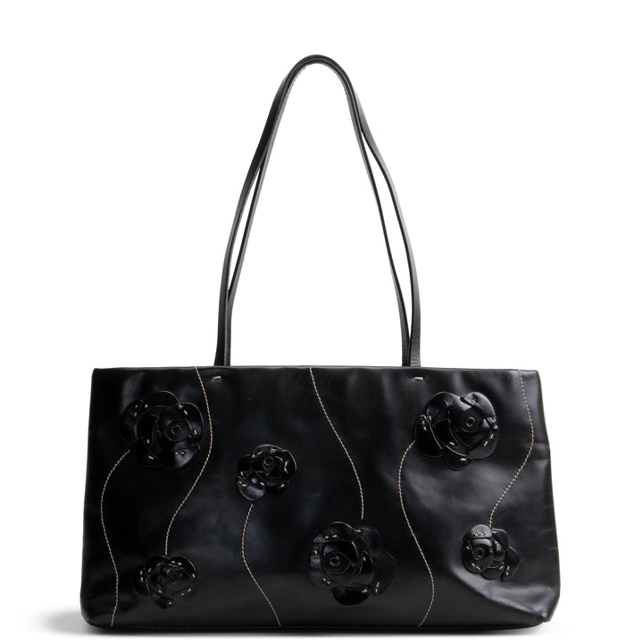 PRADA Leather Flower Applique Tote - Black