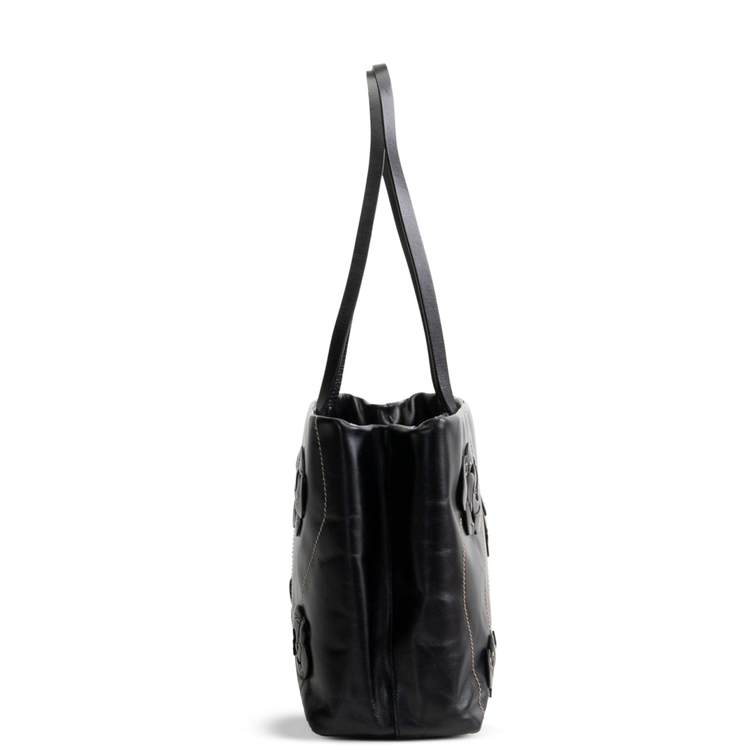PRADA Leather Flower Applique Tote - Black