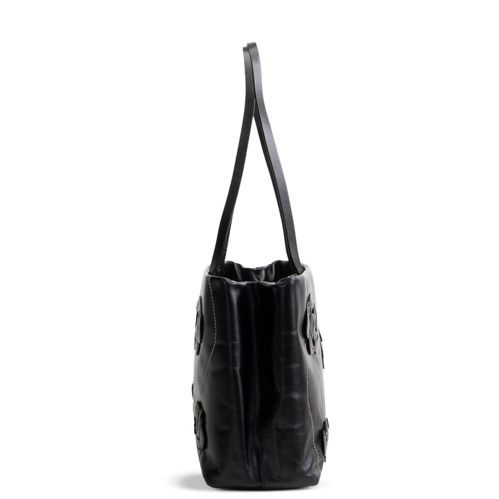 PRADA Leather Flower Applique Tote - Black