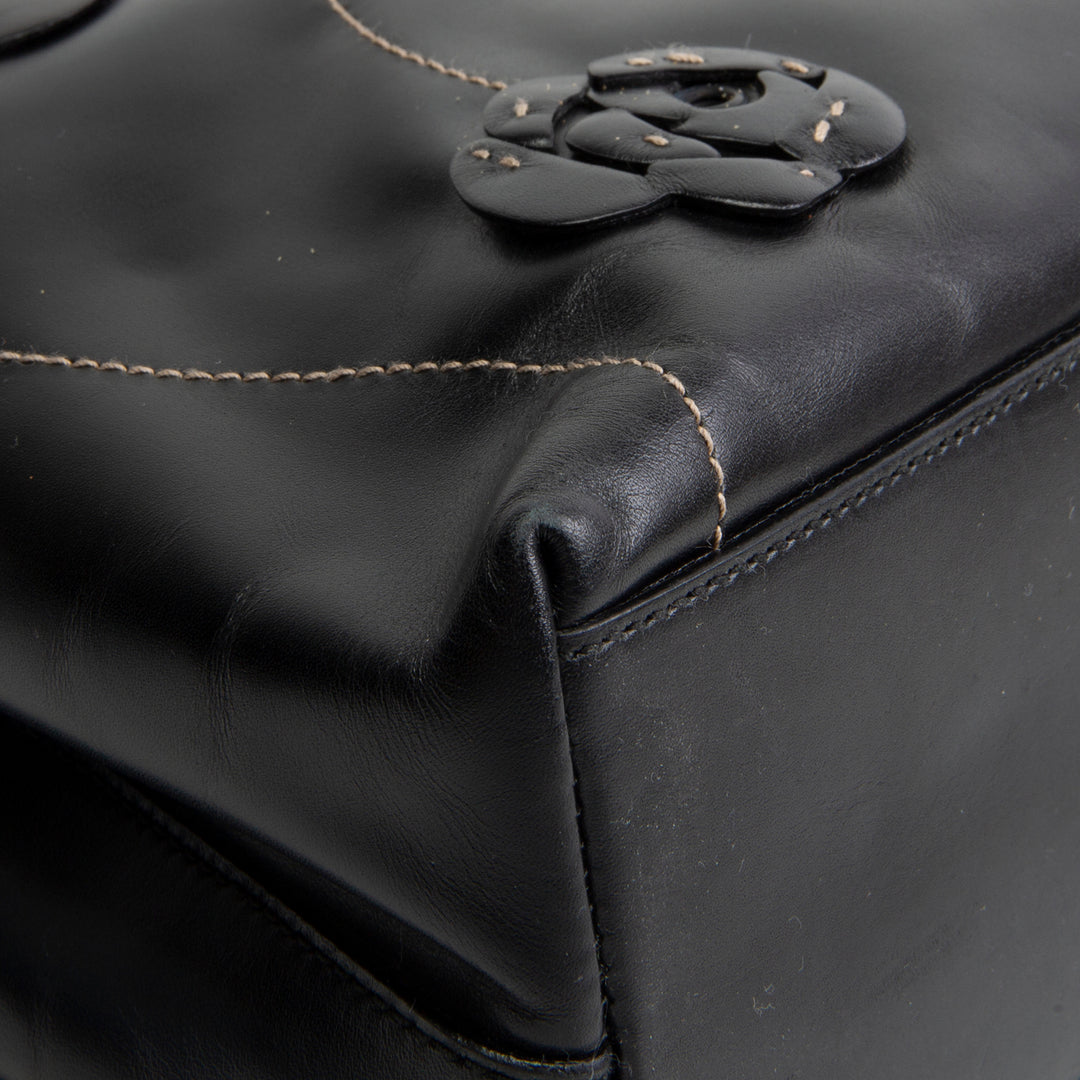 PRADA Leather Flower Applique Tote - Black