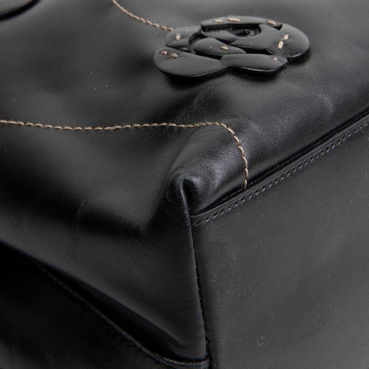 PRADA Leather Flower Applique Tote - Black