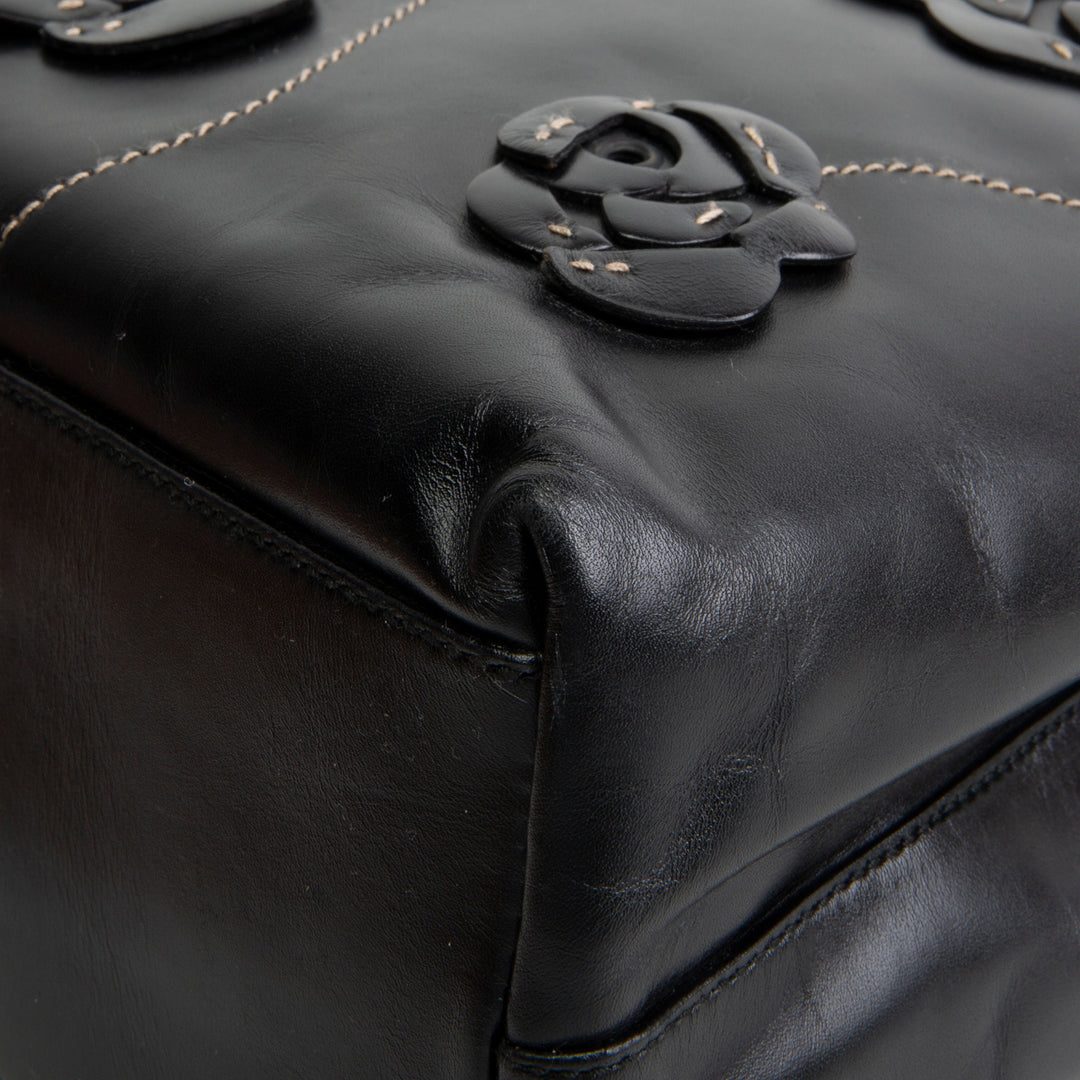PRADA Leather Flower Applique Tote - Black