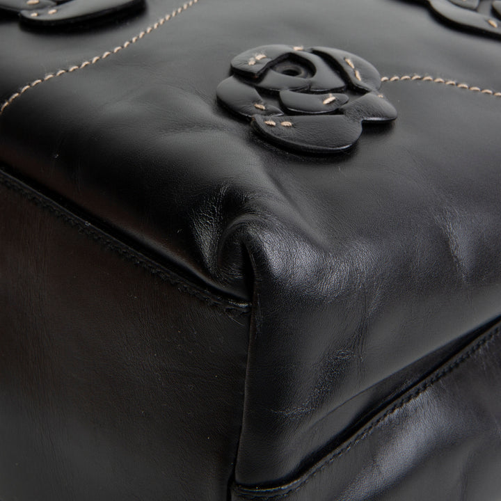 PRADA Leather Flower Applique Tote - Black