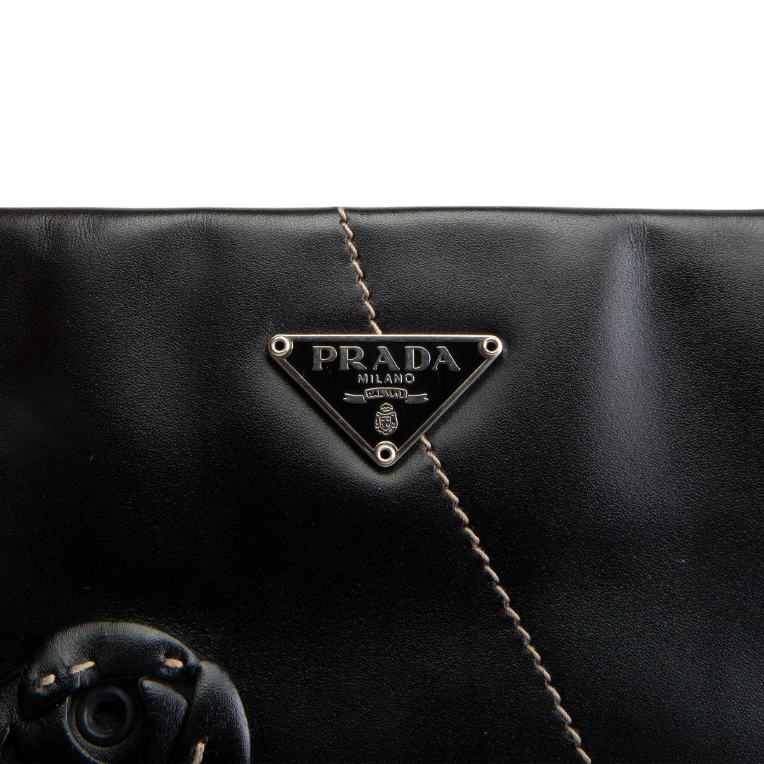 PRADA Leather Flower Applique Tote - Black
