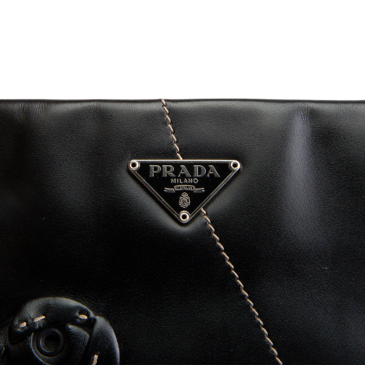 PRADA Leather Flower Applique Tote - Black