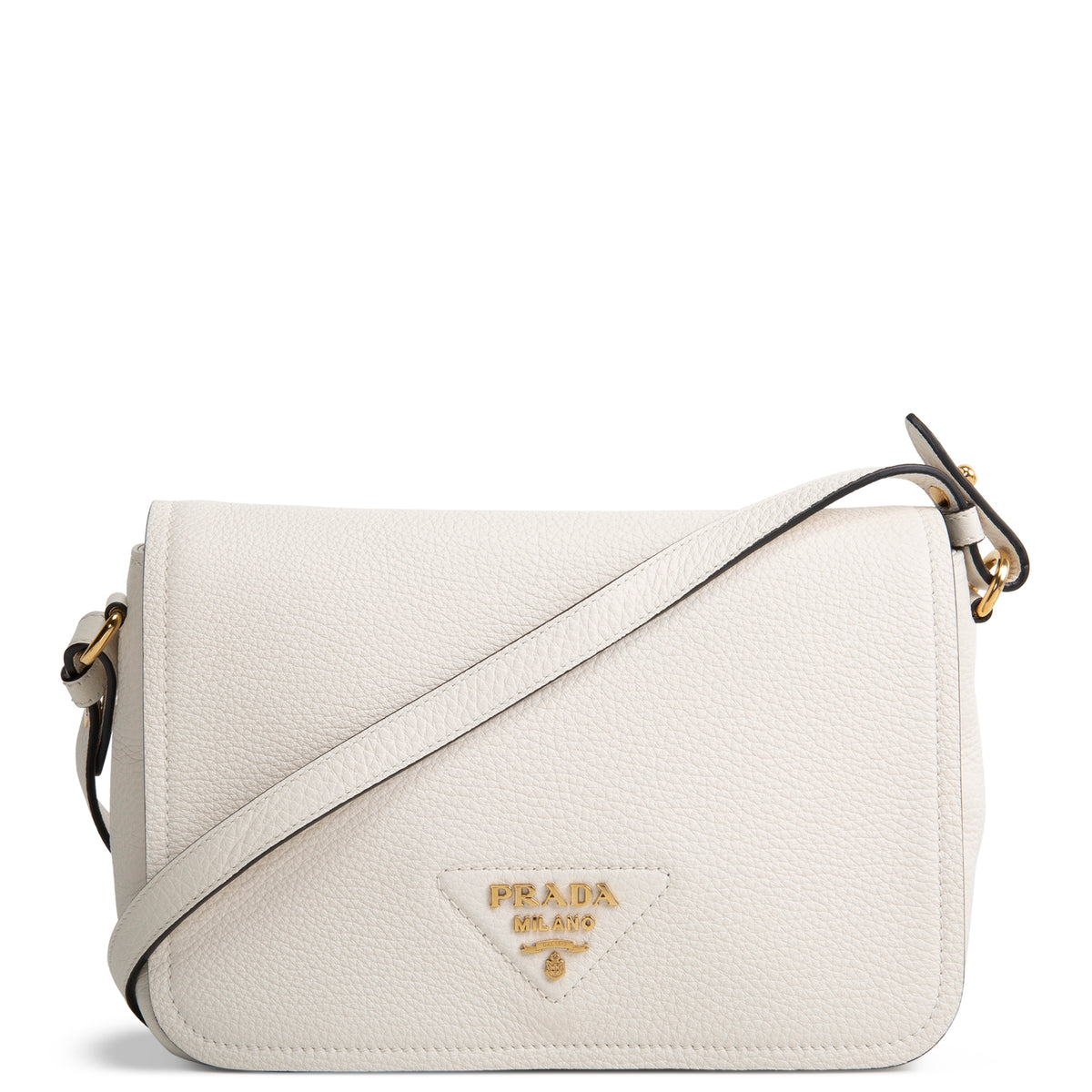 PRADA Pebbled Leather Flap Crossbody - Ivory