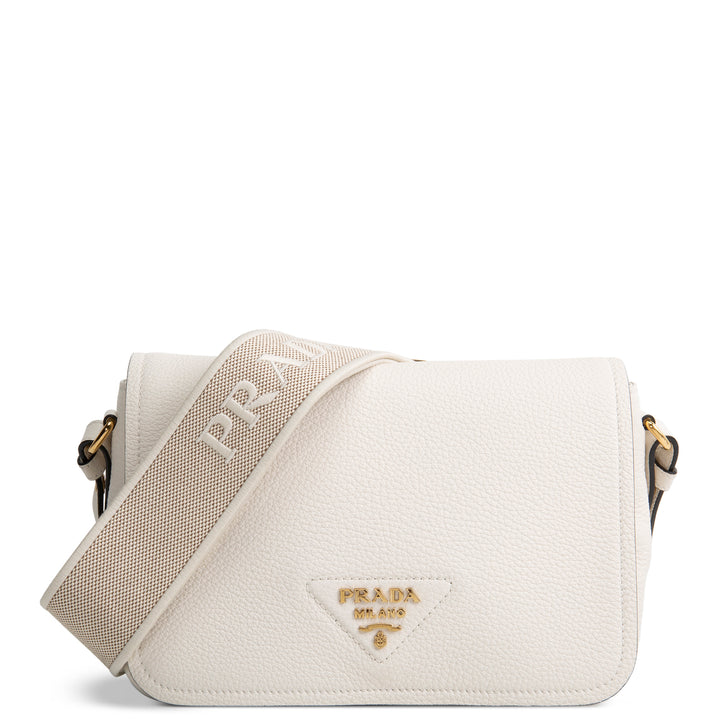 PRADA Pebbled Leather Flap Crossbody - Ivory