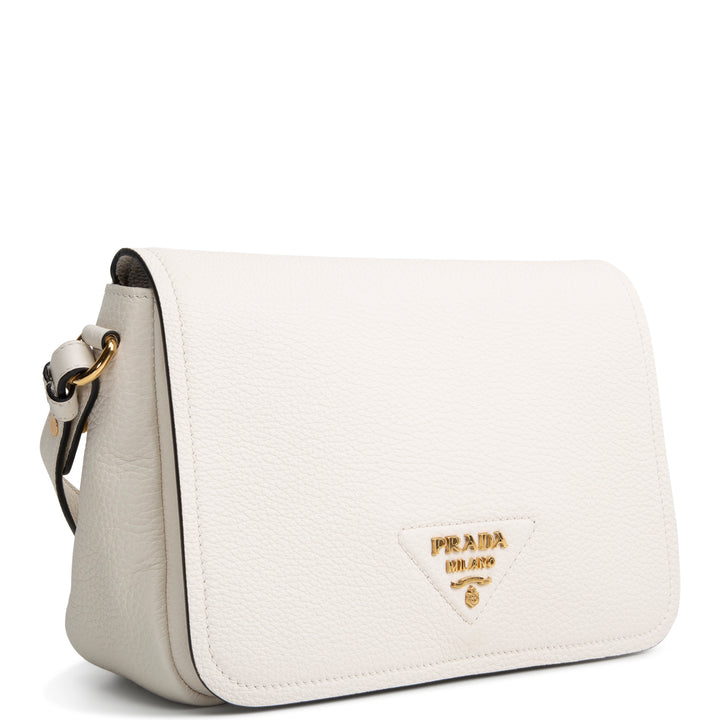 PRADA Pebbled Leather Flap Crossbody - Ivory
