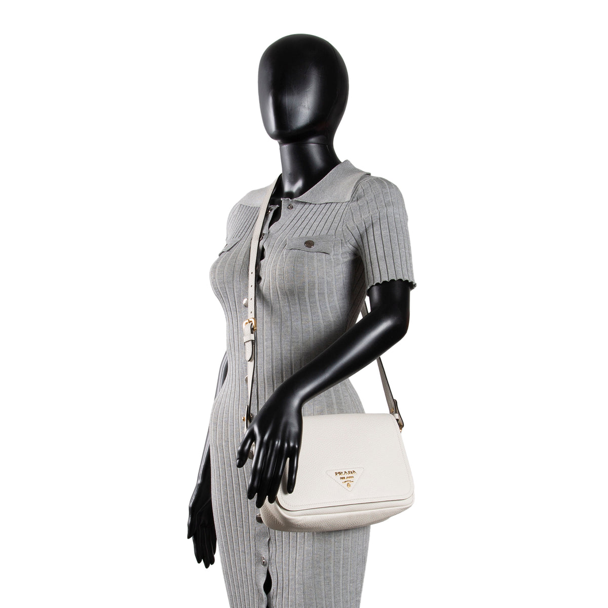PRADA Pebbled Leather Flap Crossbody - Ivory