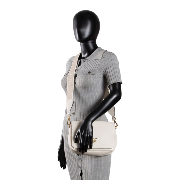 PRADA Pebbled Leather Flap Crossbody - Ivory