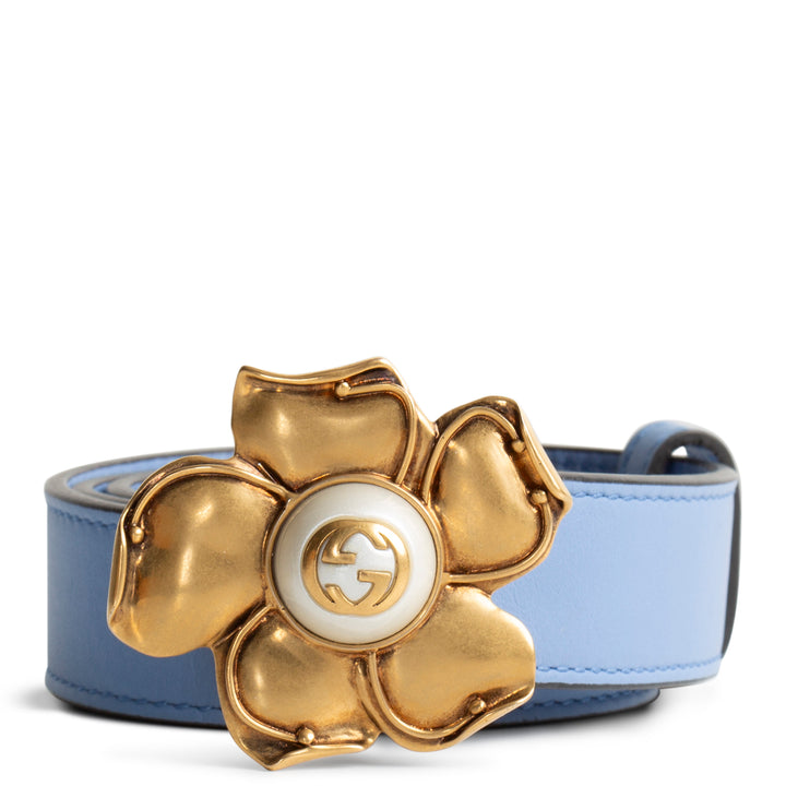 GUCCI Leather Interlocking G Logo Pearl Floral Belt - Periwinkle