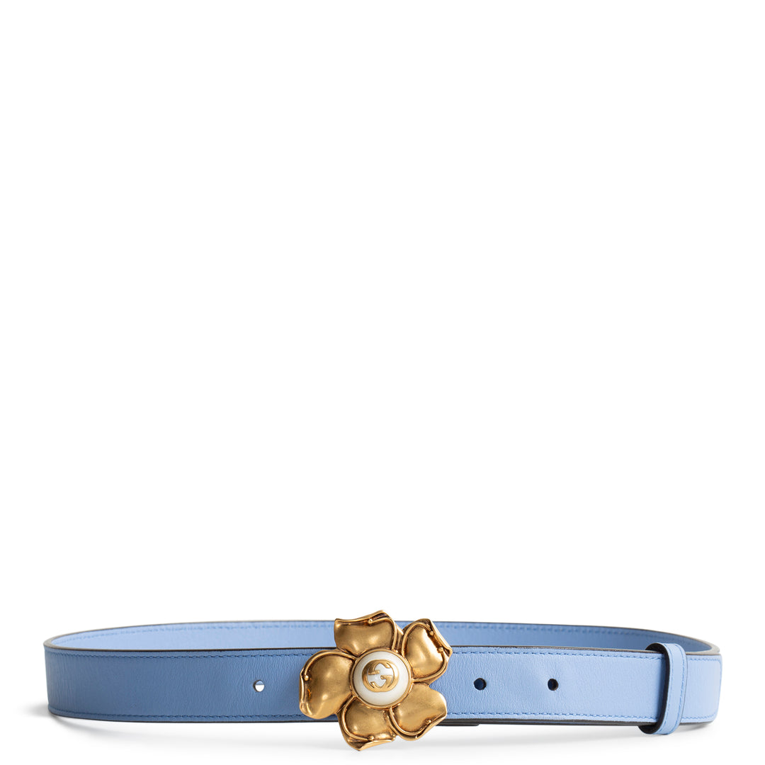 GUCCI Leather Interlocking G Logo Pearl Floral Belt - Periwinkle
