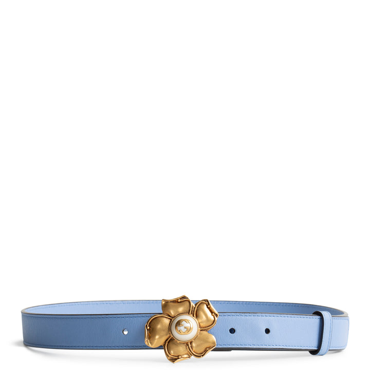 GUCCI Leather Interlocking G Logo Pearl Floral Belt - Periwinkle