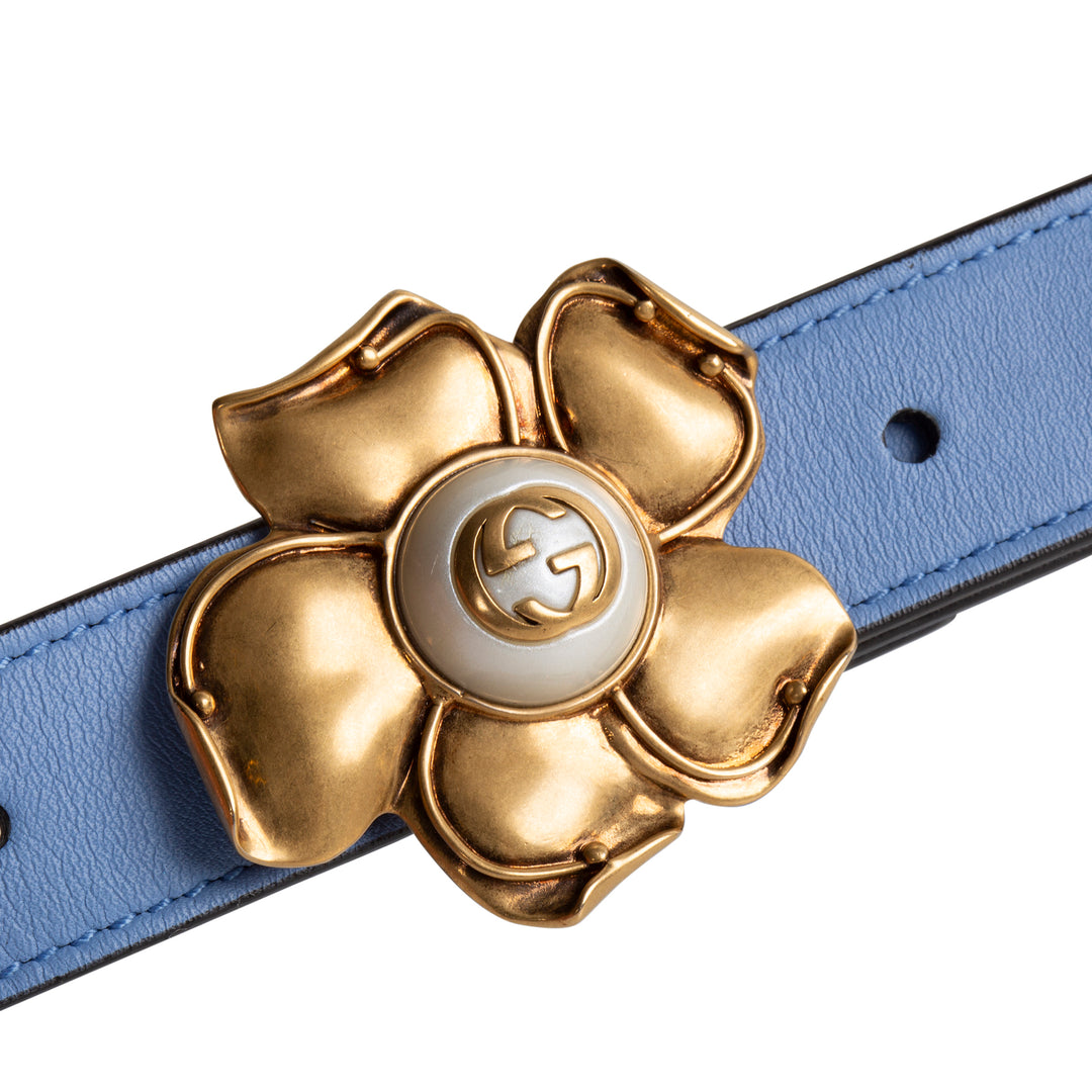 GUCCI Leather Interlocking G Logo Pearl Floral Belt - Periwinkle