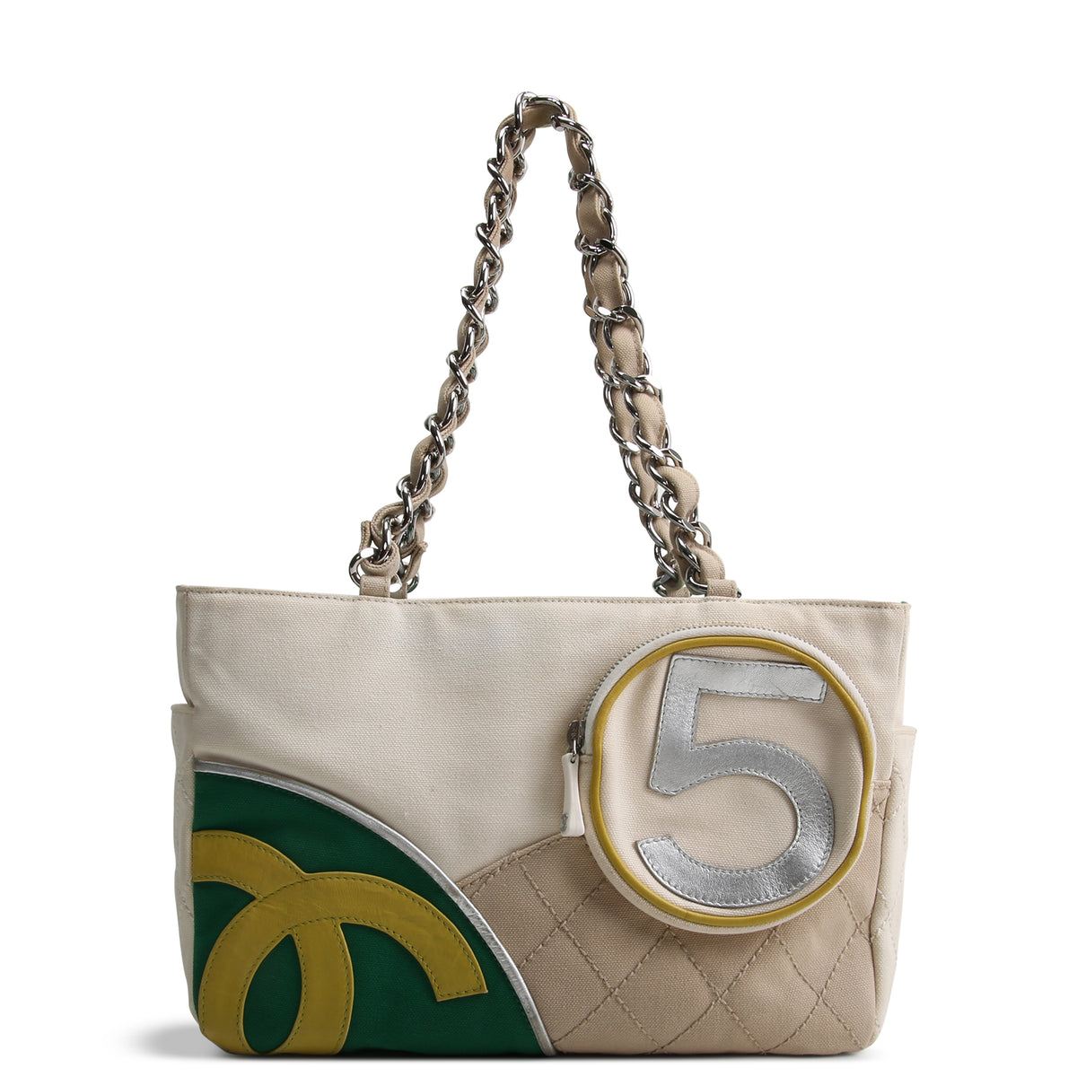 CHANEL Vintage White and Green Quilted No. 5 Tote Bag
