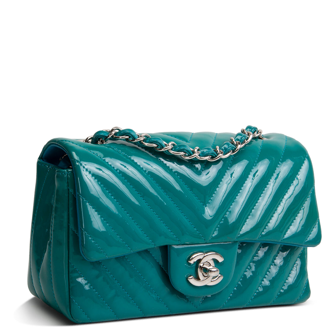CHANEL Patent Chevron Small Flap Bag - Teal