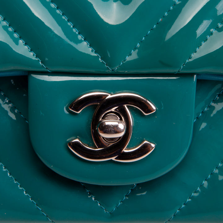 CHANEL Patent Chevron Small Flap Bag - Teal