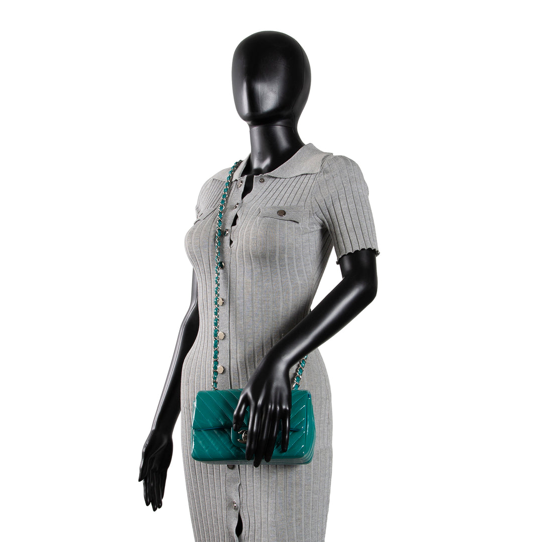 CHANEL Patent Chevron Small Flap Bag - Teal