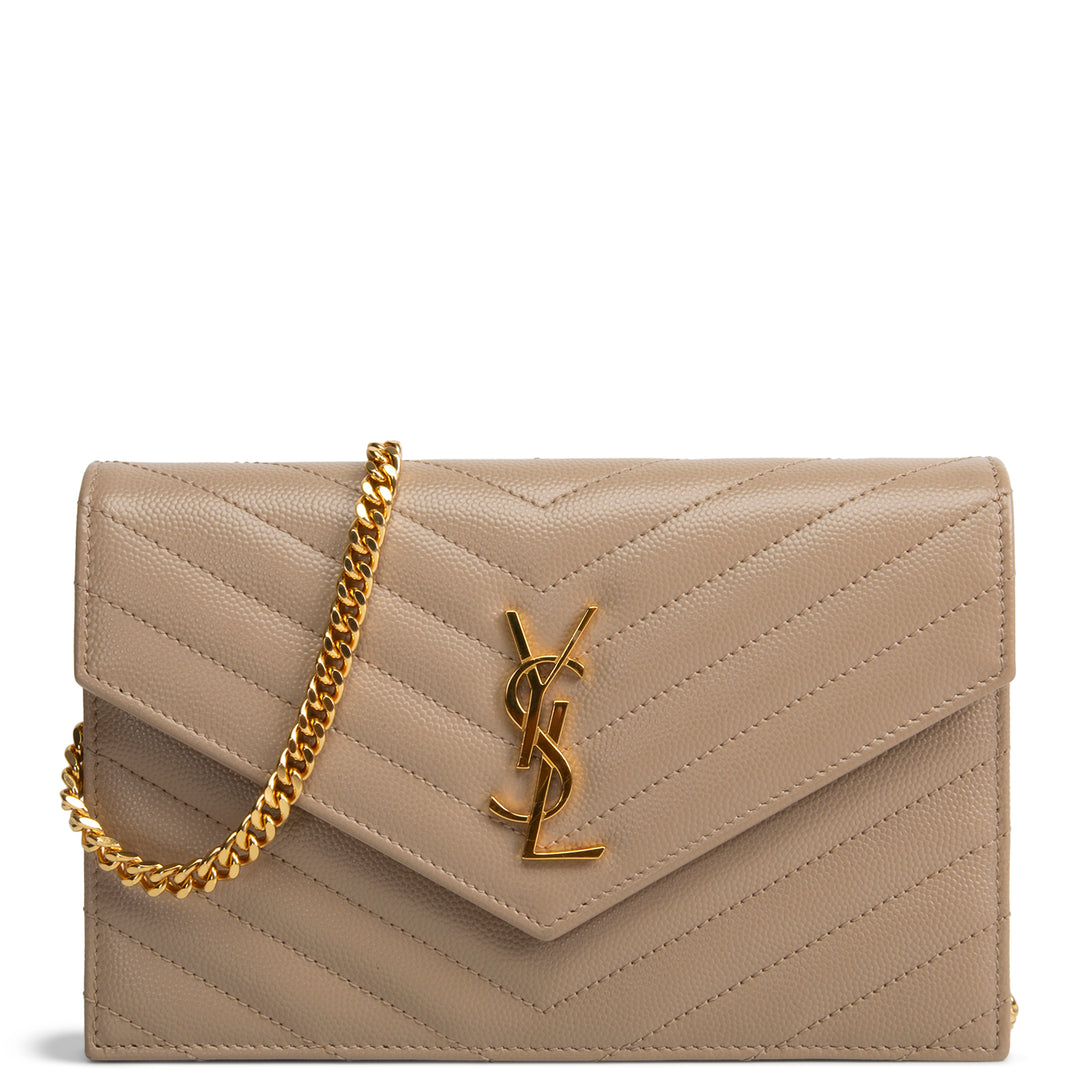 SAINT LAURENT Grain de Poudre Cassandre Envelope Chain Wallet - Nude