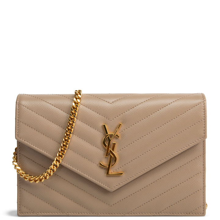 SAINT LAURENT Grain de Poudre Cassandre Envelope Chain Wallet - Nude