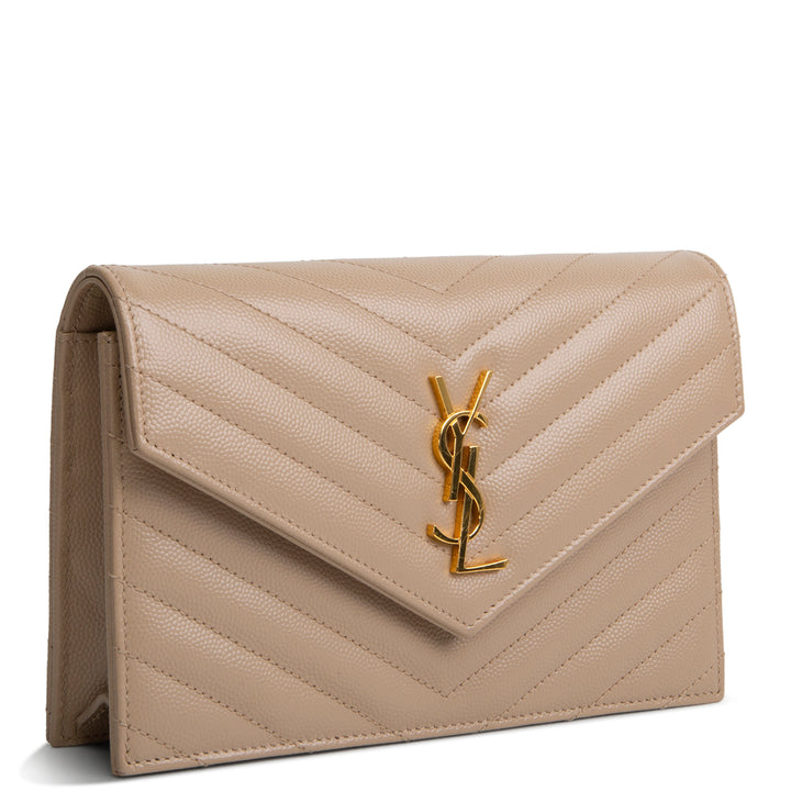 SAINT LAURENT Grain de Poudre Cassandre Envelope Chain Wallet - Nude