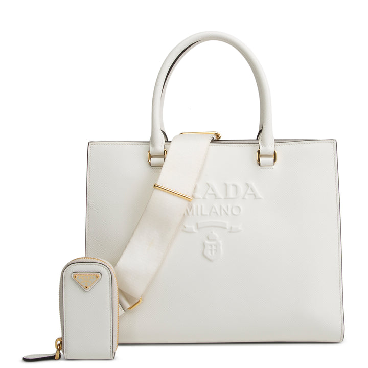 PRADA Saffiano Lux Embossed Logo Tote w/ Strap - Ivory