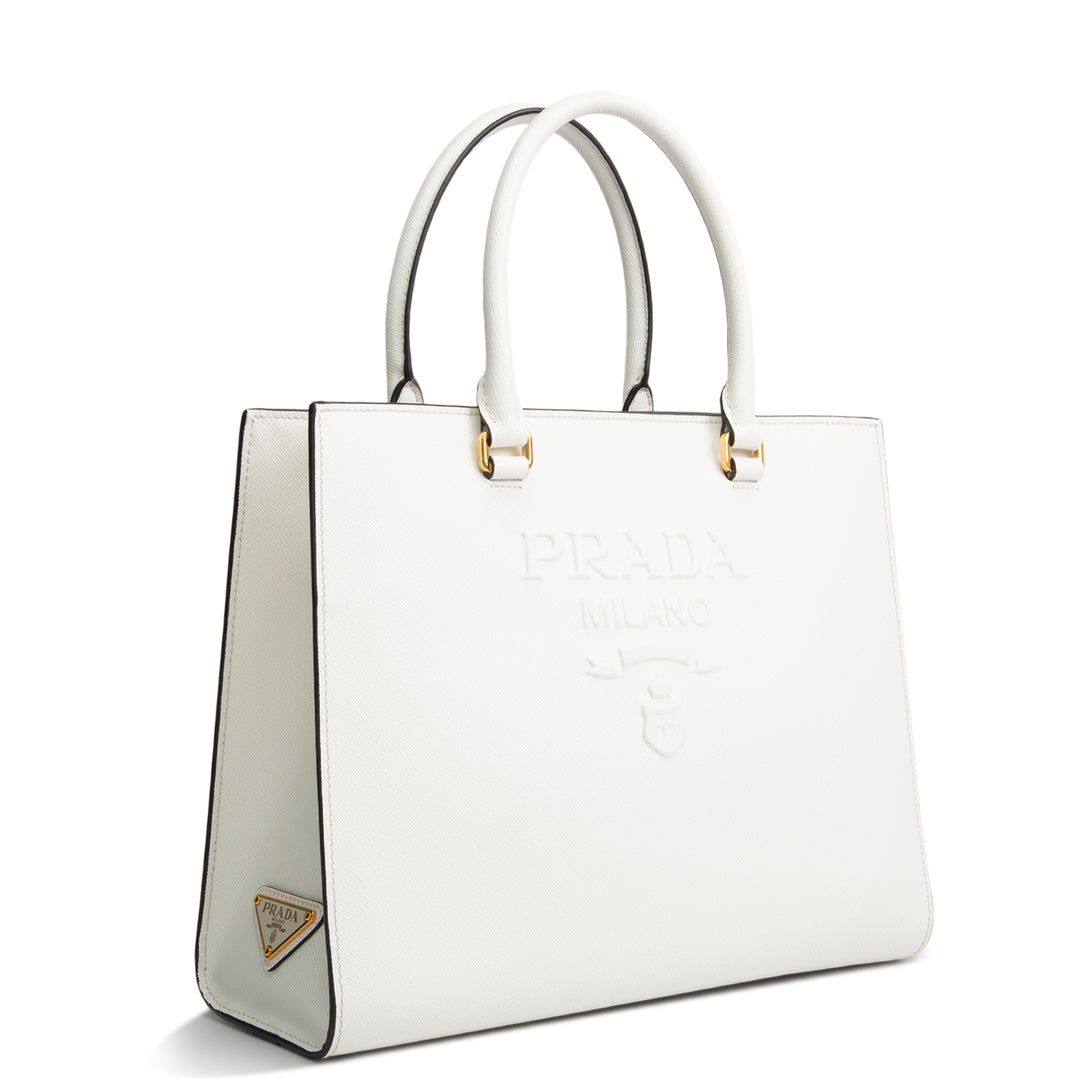 PRADA Saffiano Lux Embossed Logo Tote w/ Strap - Ivory
