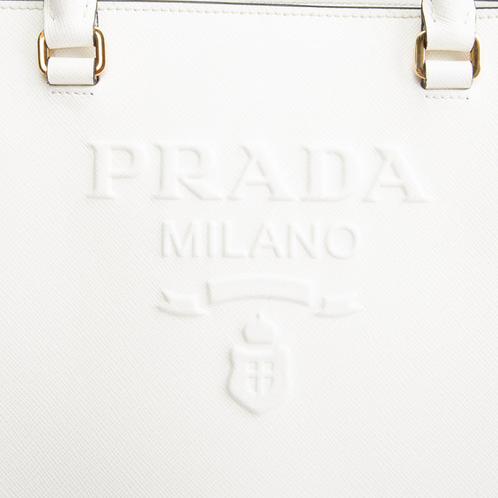 PRADA Saffiano Lux Embossed Logo Tote w/ Strap - Ivory