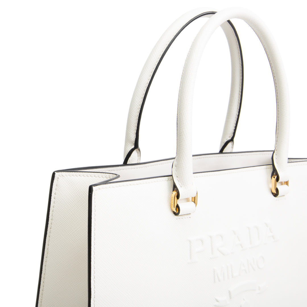 PRADA Saffiano Lux Embossed Logo Tote w/ Strap - Ivory