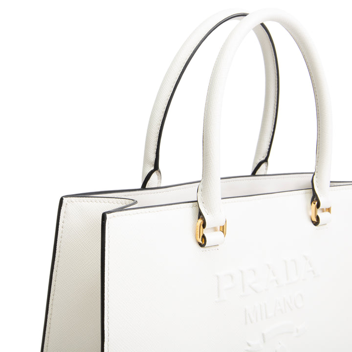 PRADA Saffiano Lux Embossed Logo Tote w/ Strap - Ivory