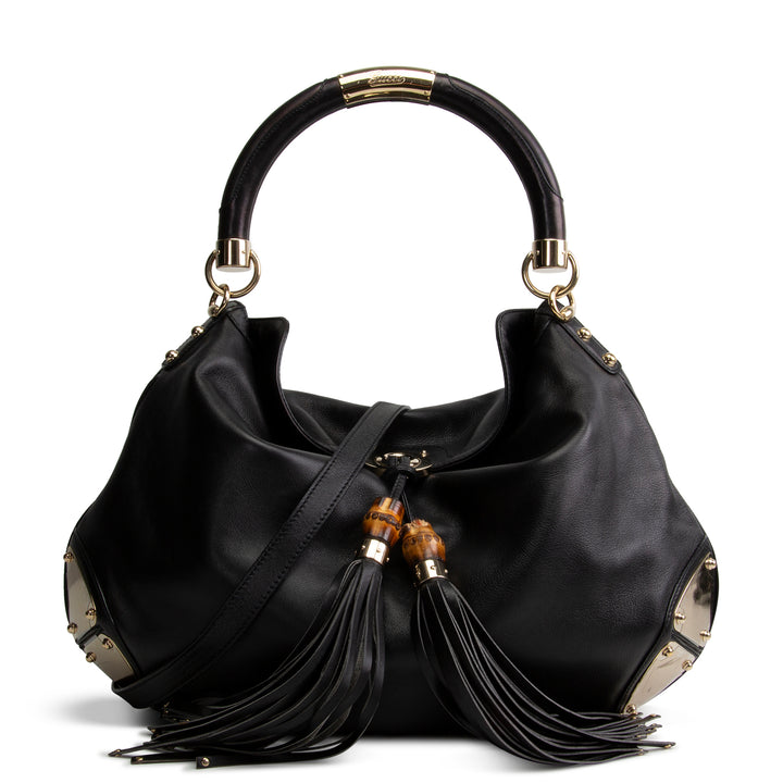 GUCCI Leather Indy Bamboo Shoulder Bag - Black OUTLET FINAL SALE
