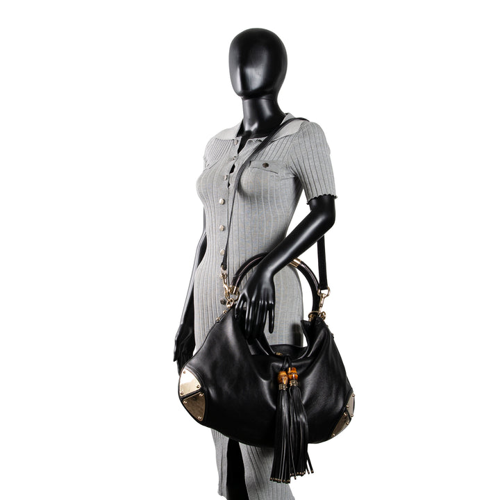 GUCCI Leather Indy Bamboo Shoulder Bag - Black OUTLET FINAL SALE