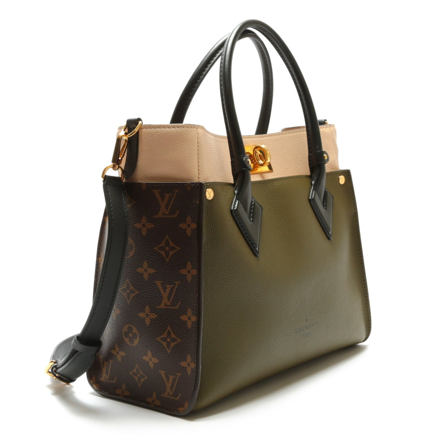 Louis Vuitton, Bags, Louis Vuitton On My Side Mm Tote Handbag Greige Tan  Monogram Sides