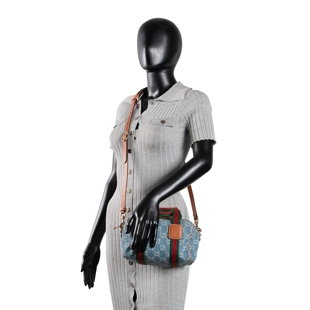 GUCCI GG Denim Mini Web Top Handle Shoulder Bag - Blue