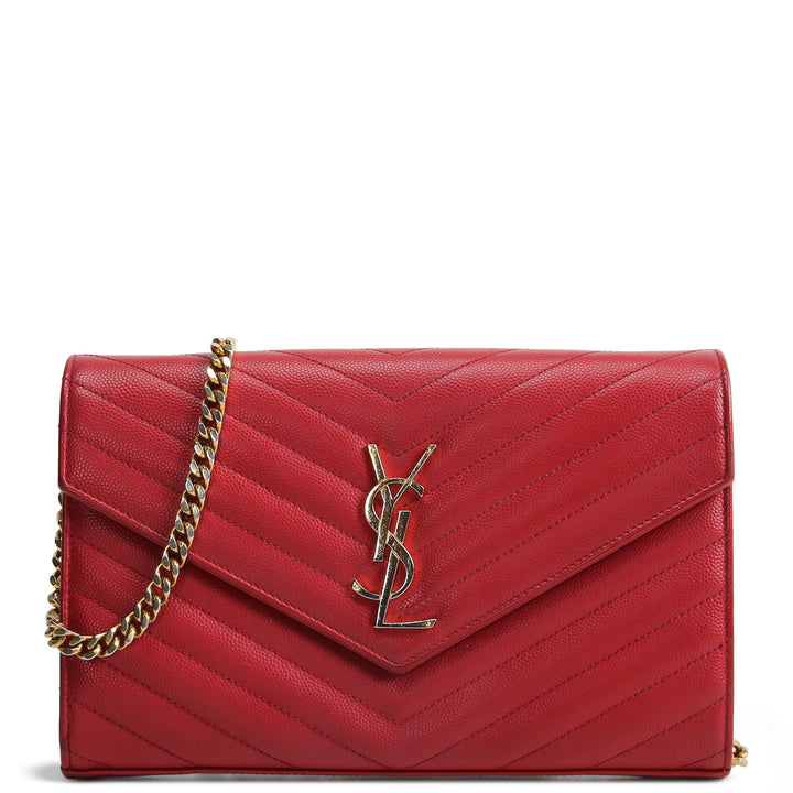 SAINT LAURENT Cassandre Envelope Chain Wallet - Deeply Red/Gold