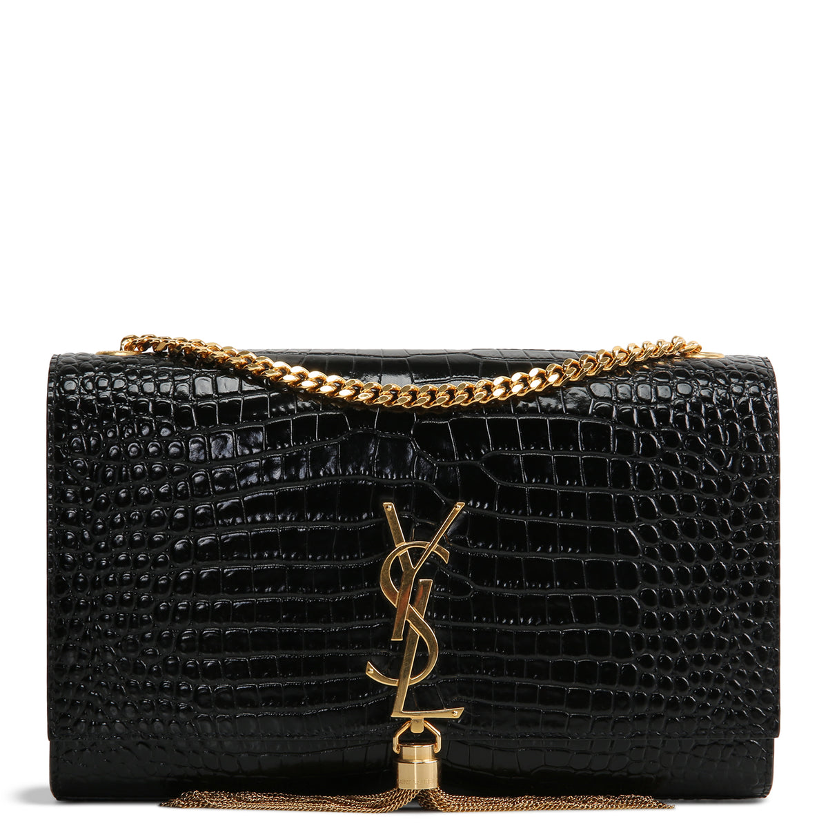 SAINT LAURENT Croc Embossed Leather Kate Tassel Bag