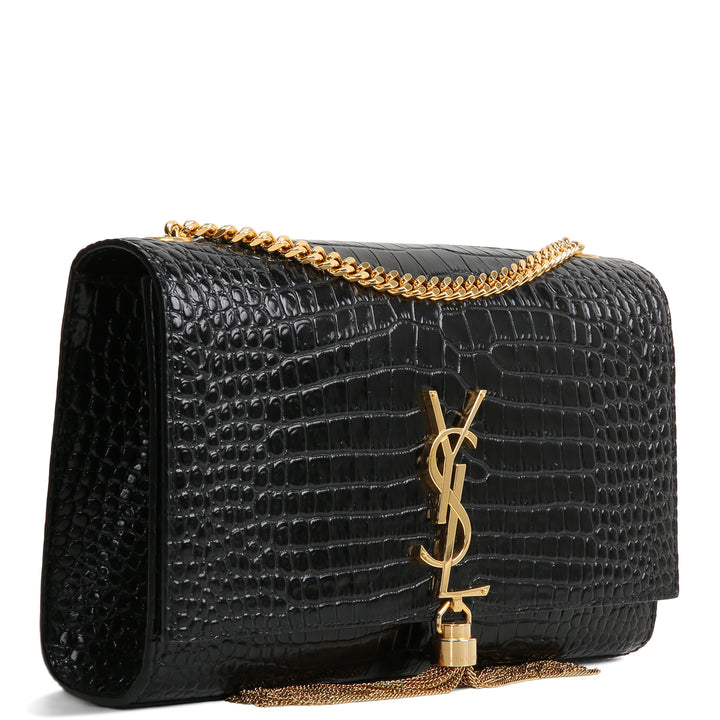 SAINT LAURENT Croc Embossed Leather Kate Tassel Bag