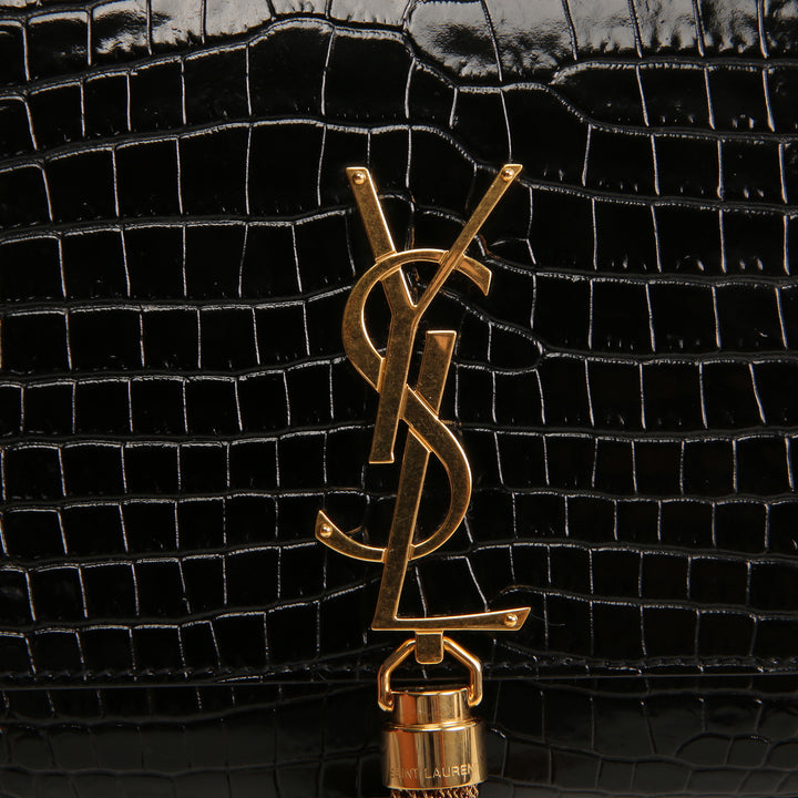 SAINT LAURENT Croc Embossed Leather Kate Tassel Bag