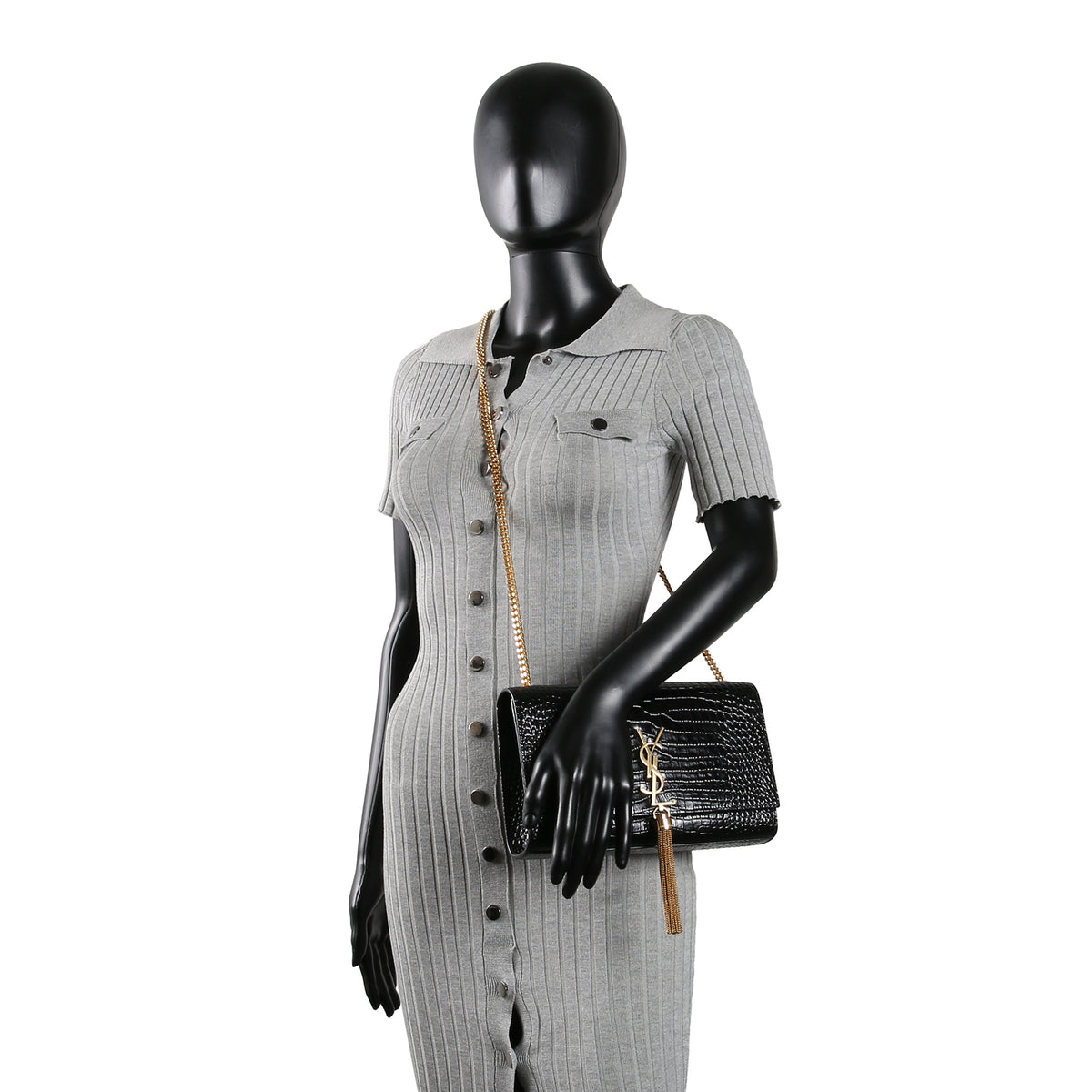 SAINT LAURENT Croc Embossed Leather Kate Tassel Bag